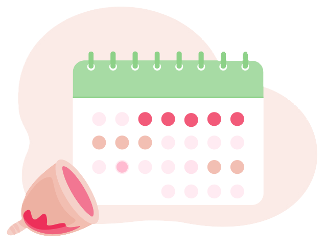 Ilustração de um copo menstrual ao lado de um calendário com datas de menstruação destacadas.