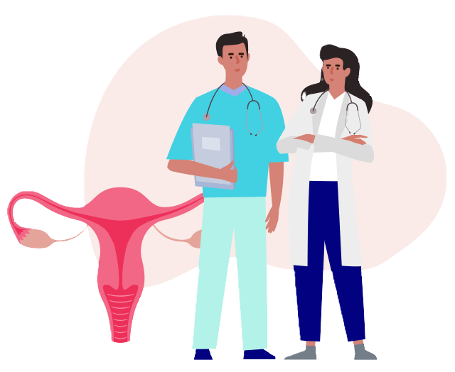 Ilustração de dois médicos ao lado de uma representação do útero feminino, simbolizando cuidados de saúde feminina.